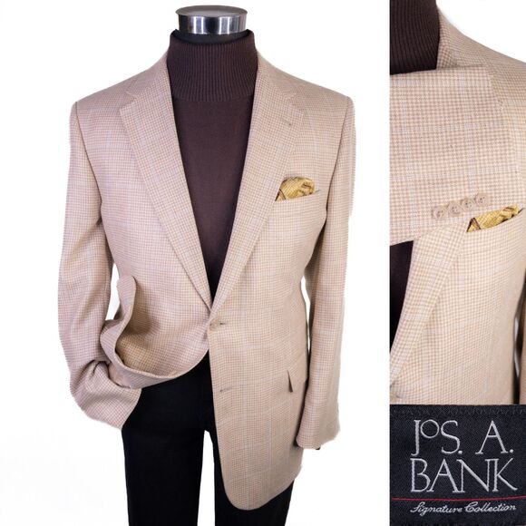 Jos A Bank Blazer 44R Houndstooth Check Brown Sports Coat Suit Jacket Woo/Silk